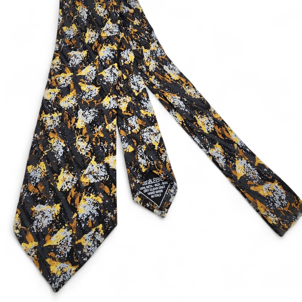 Italo Ferretti Neck Tie 100% Silk Hand Made in Italy‎ Abstract Black Gold White